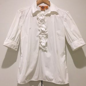 🌹🎁🌹 TORY BURCH White Ruffle Button 1/2 Sleeve Blouse 🌹🎁🌹